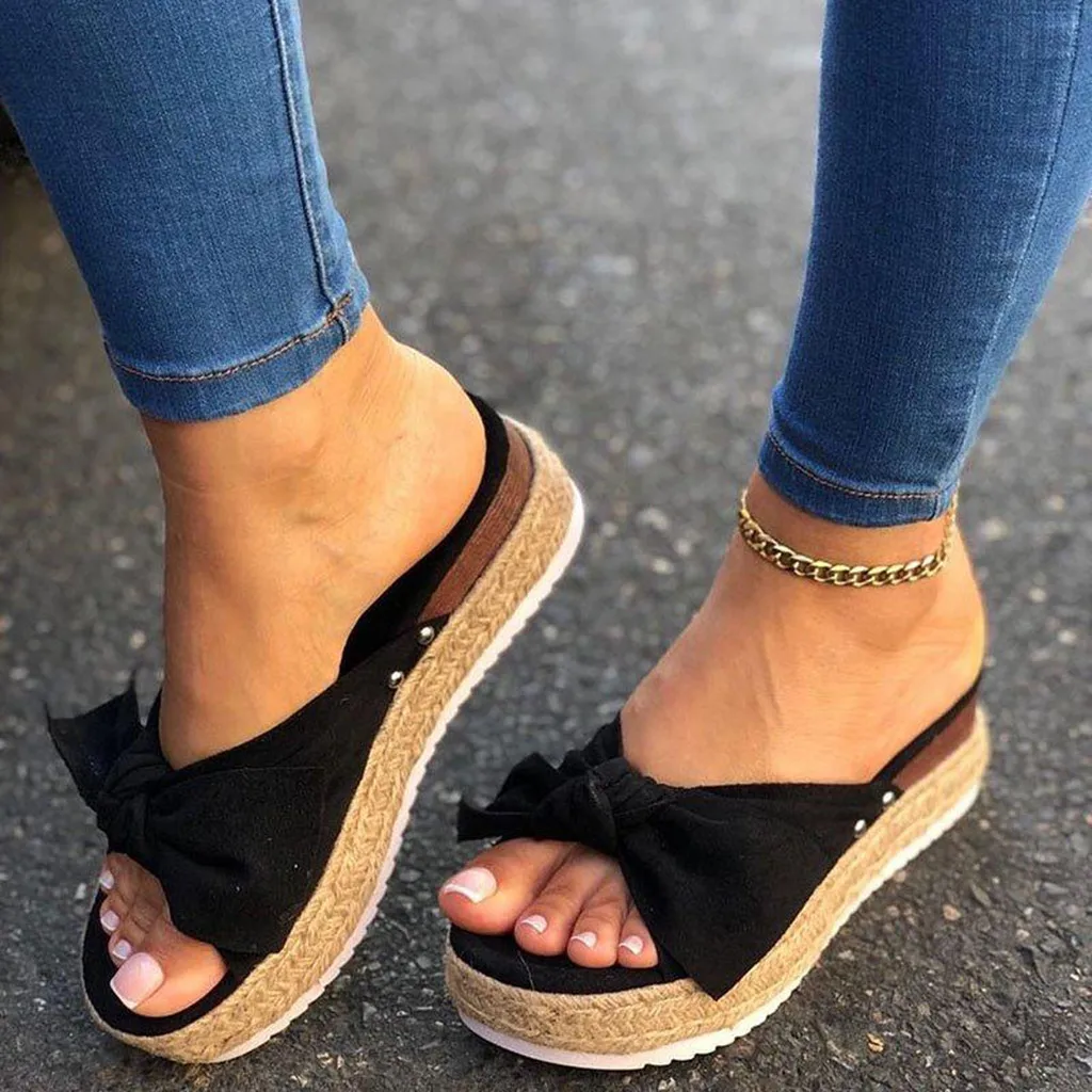 

women summer shoes slippers Ladies Casual Bowknot Open Toe Platforms Sandals Wedges Shoes Slippers zapatos de mujer