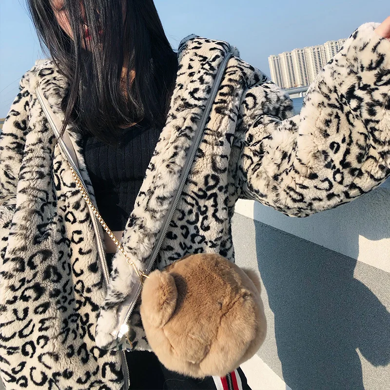 Пальто женское с капюшоном леопардовое Осень-Зима куртка мехом кролика Рекс Zjt1573