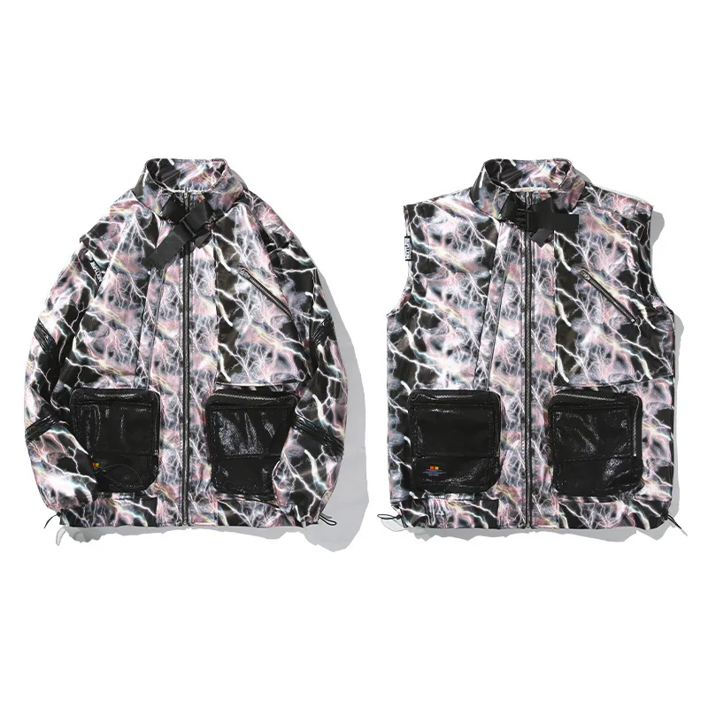 

Detachable Sleeve Vest Male Streetwear Fashion Hip Hop Loose Coat Waistcoat Outerwear Men's Multi Bag Leather Vest Jacket