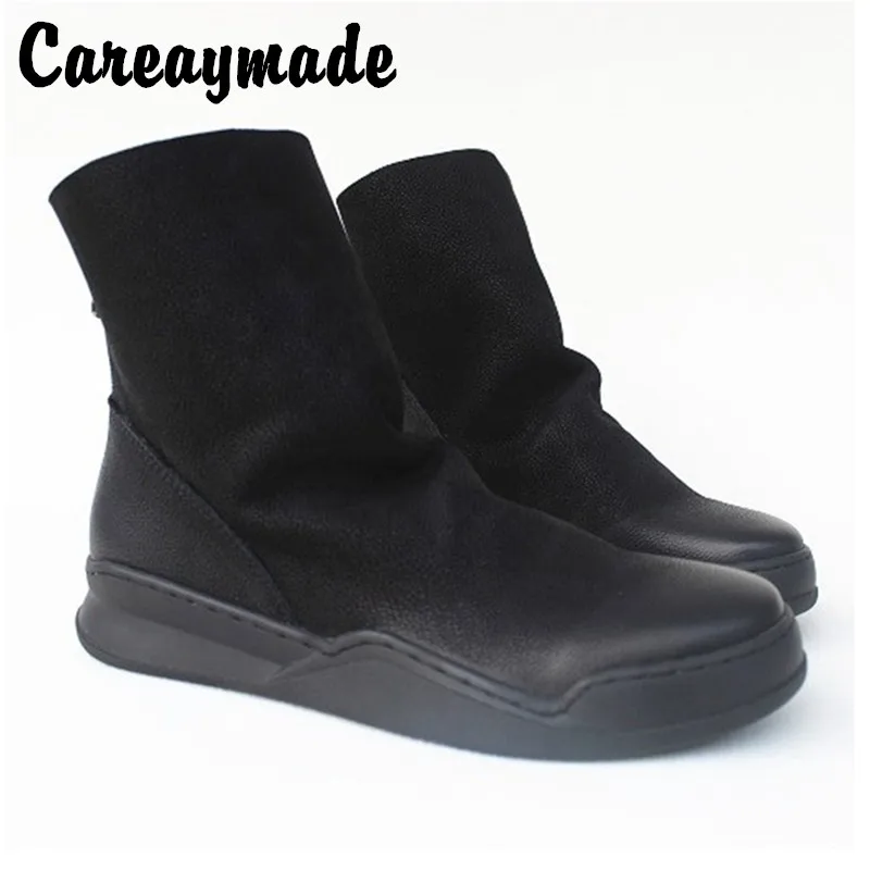 Careaymade-Genuine Leather Thick-soled Women's Shoes Round-toed Original Handmade Single boots Flat-soled Retro Leisure boots