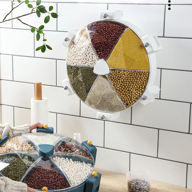 

Настенный диспенсер для риса, вращающийся кухонный органайзер, коробка для хранения сухих пищевых продуктов AA