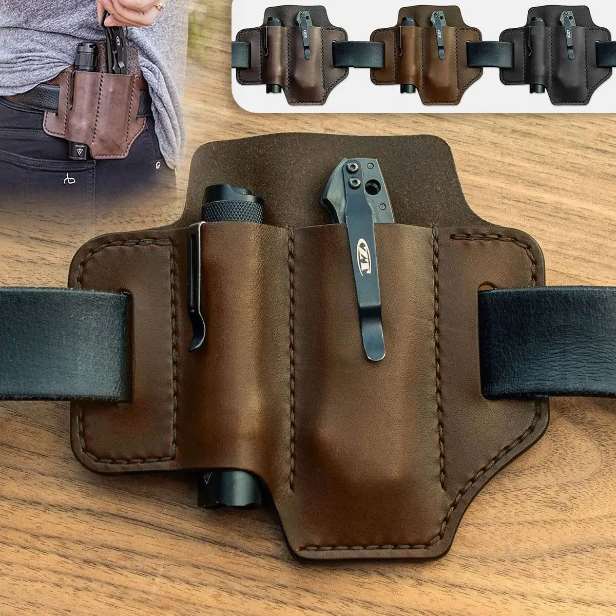 New Men's Genuine Leather EDC Tool Bag Belt Phone Case Outdoor Tool Organizer Flashlight and Phone Storage Bags Customization
