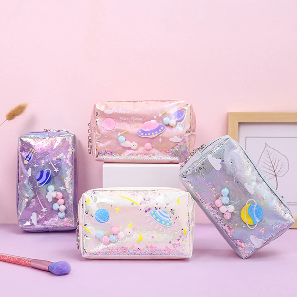1 шт., Kawaii, лазерная ручка для хранения зыбучих песков, большая косметичка для девочек, Подарочная полиуретановая сумка для офиса, школы, путешествий, чехол для переноски