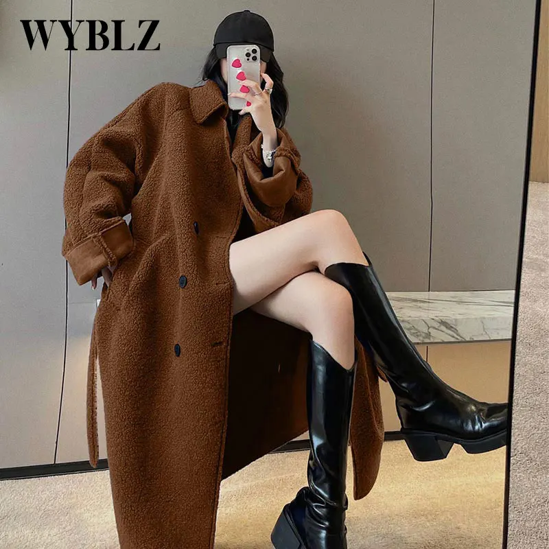 WYBLZ Hepburn Long Wool Coat Women Fur Suit Coat Lamb Wool Coat 2021 Women's Winter Clothing Medium Length Thickened Windbreaker