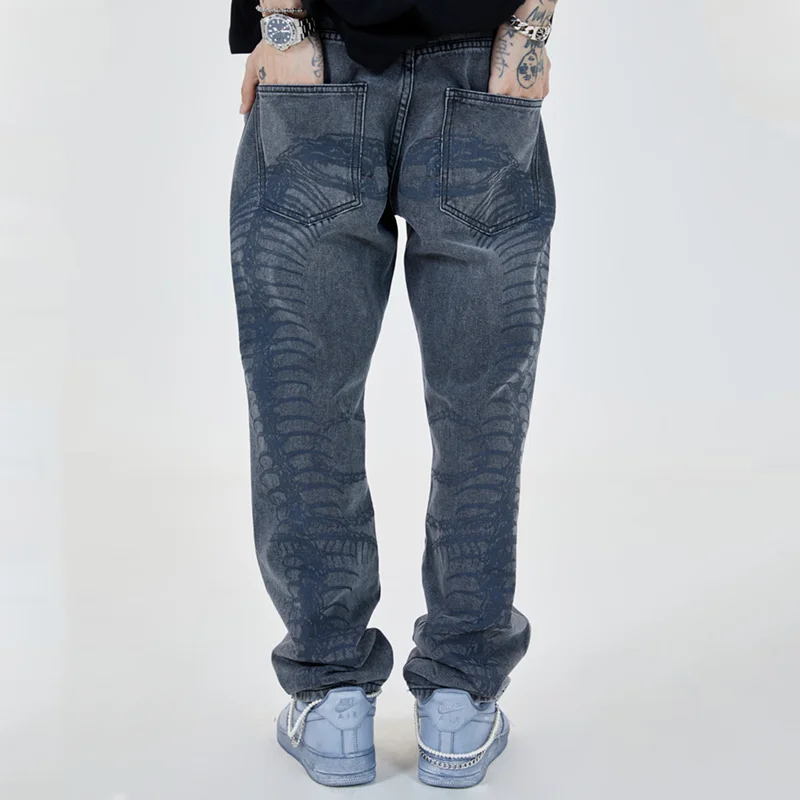 

Men Jeans Hip Hop Streetwear Skeleton Print Denim Harajuku Fashion Goth Punk Vintage Casual Baggy Pants Trousers