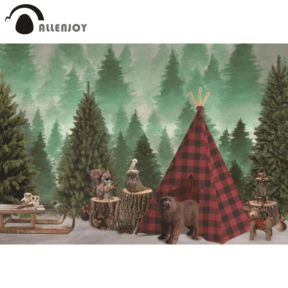 

Allenjoy Winter Wonderland Backdrop Animals Forest Tent Kids Cake Smash Baby Birthday Party Decoration Background Photography