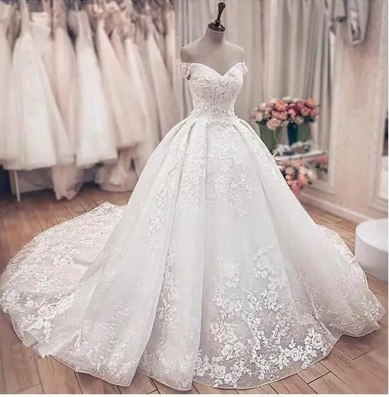 

Великолепное Кружевное бальное платье, свадебные платья принцессы с открытыми плечами размера плюс, мусульманские свадебные платья невест...