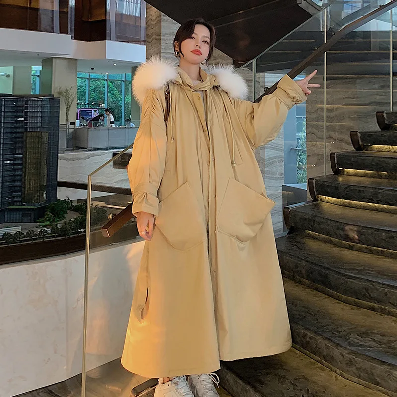 Большие женские парки с капюшоном до щиколотки большим карманом зимнее