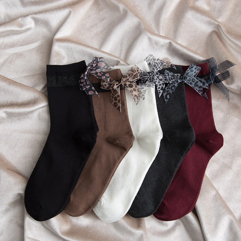 Женские леопардовые носки с бантом осень-зима модные японские хлопковые уличные
