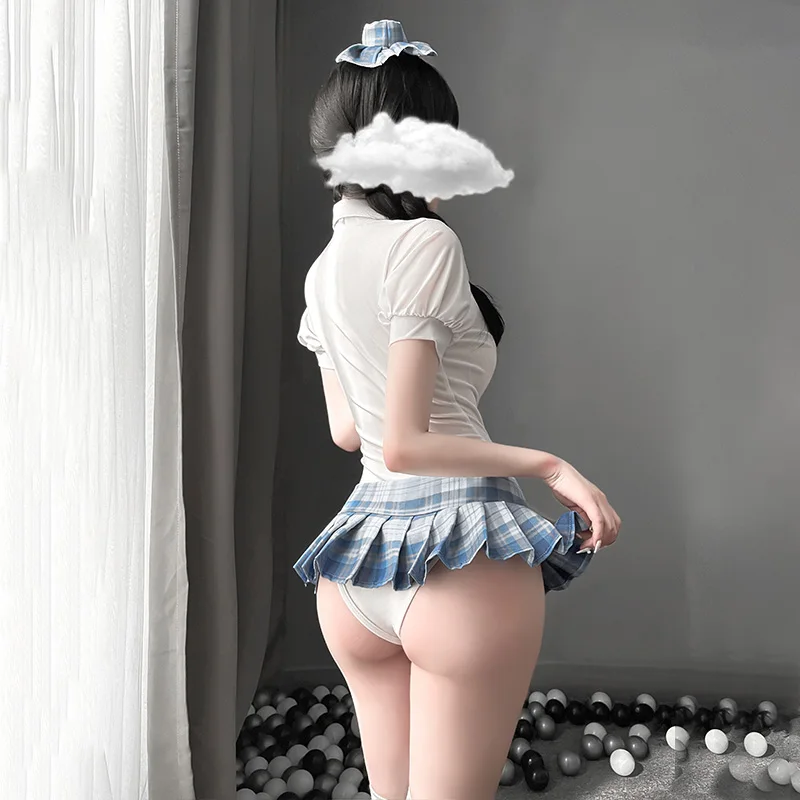 

Erotic JK Uniform Sailor Blue Plaid Mini Skirt School Girl Kawaii Cosplay Student Sexy Lingerie Roleplay Underwear For Women