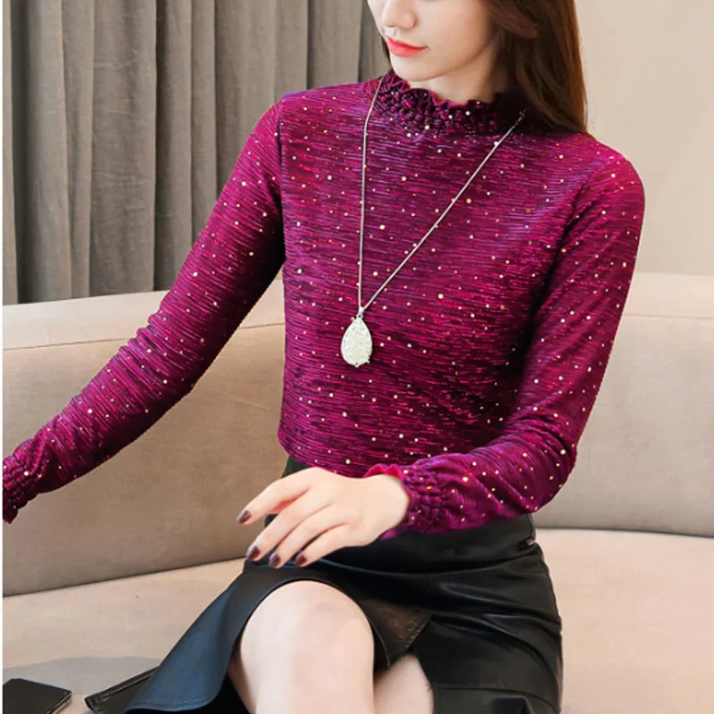 

Women Tops Long Sleeve Sequined Shirts Women Casual Turtleneck Women Clothing 2021 Autumn Fashion Femal Chiffon Shirts 6284 50