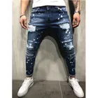 Мужские джинсы Обычная тонкая принтованная рваный дизайн, модные ботильоны на молнии обтягивающие джинсы для летней моды в стиле хип-хоп и синие стретчевые джинсы