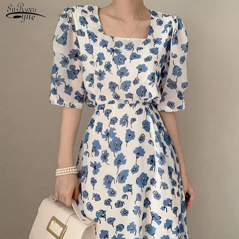 

Square Collar Puff Sleeve Floral Dresses Female Korean Chic Vintage Printed Dress Women Party Long Dress Eleagnt Vestido 14533