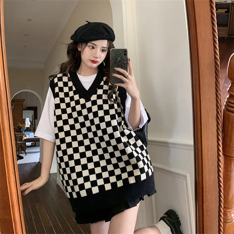 

Женский осенне-зимний клетчатый свитер, женский жилет, пуловер, повседневный свободный уличный женский свитер, вязаный женский жилет, шикар...