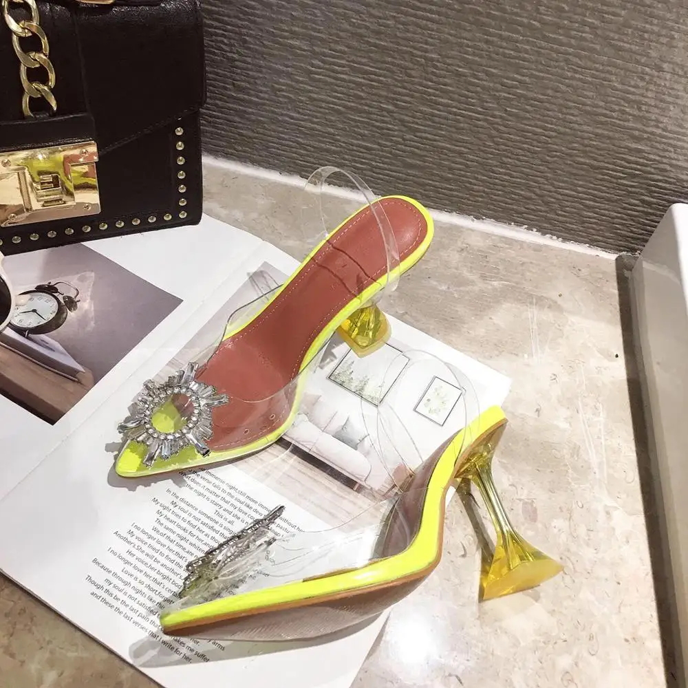 Yellow PVC Transparent Women Sandals Crystal Pointy Toe High Heels Shoes Woman Perspex Spike Heel Pumps Drop Ship | Обувь