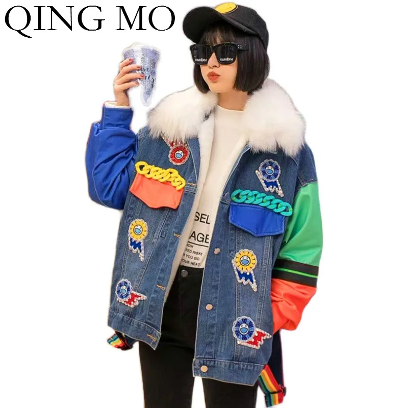 Женская джинсовая парка с большим меховым воротником QING MO разноцветная