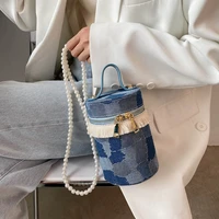 high quality popular denim handbag 2021 new ladies tassel bucket bag korean version of the net red fashion pearl messenger bag