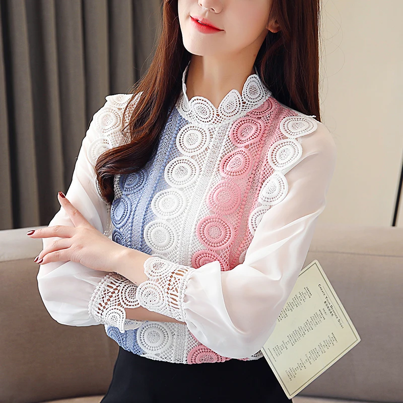 Korean Fashion Chiffon Women Blouses Lace Polka Dot White Shirts Plus Size XXL Blusas Femininas Elegante Ladies Tops |
