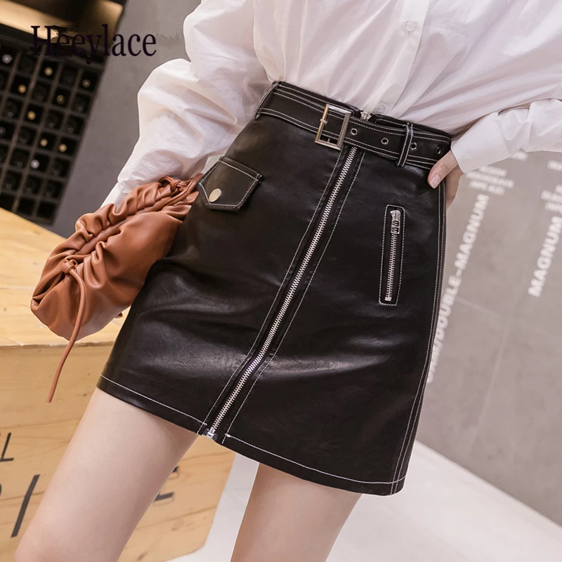 

Autumn Women's PU Leather Mini Skirts Fashionable High Waist Zipper Decoration Winter Black A-Line Skirt Female 2021 New