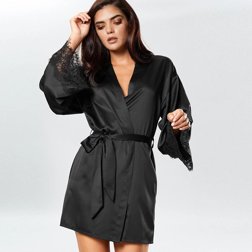 

Женский кружевной халат Restve в стиле пэчворк с поясом, сексуальный домашний халат с длинным рукавом и карманом, черный атласный халат, женска...