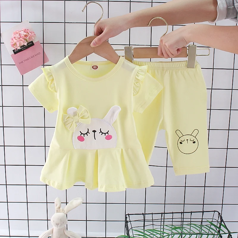 

New Summer Girl Set Cotton Print Round Neck Short Sleeve Yellow Pink Kids Suit