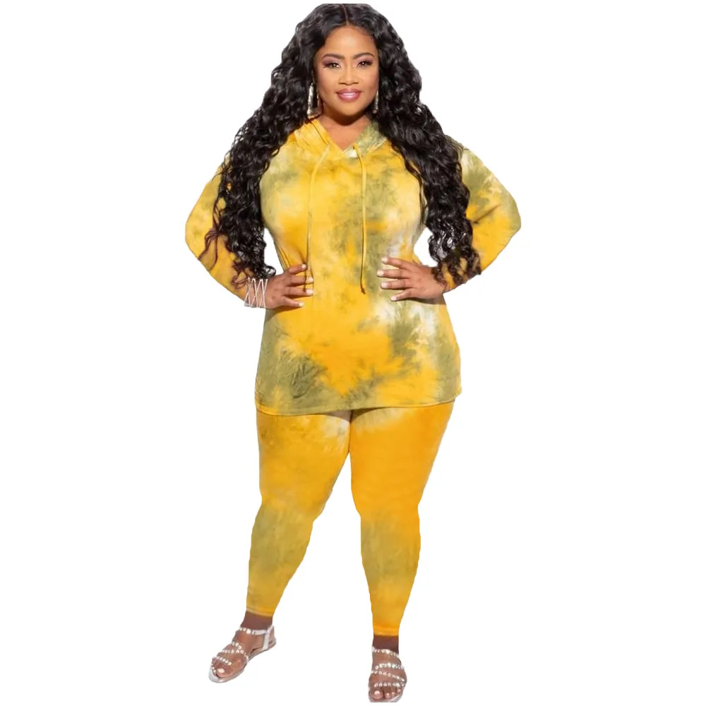

Tie-dye Printing Women Plus Size Tracksuits Casual Lady's Full Sleeve Drawstring Hoodies Skinny Sport Pannts Two Piece Sets