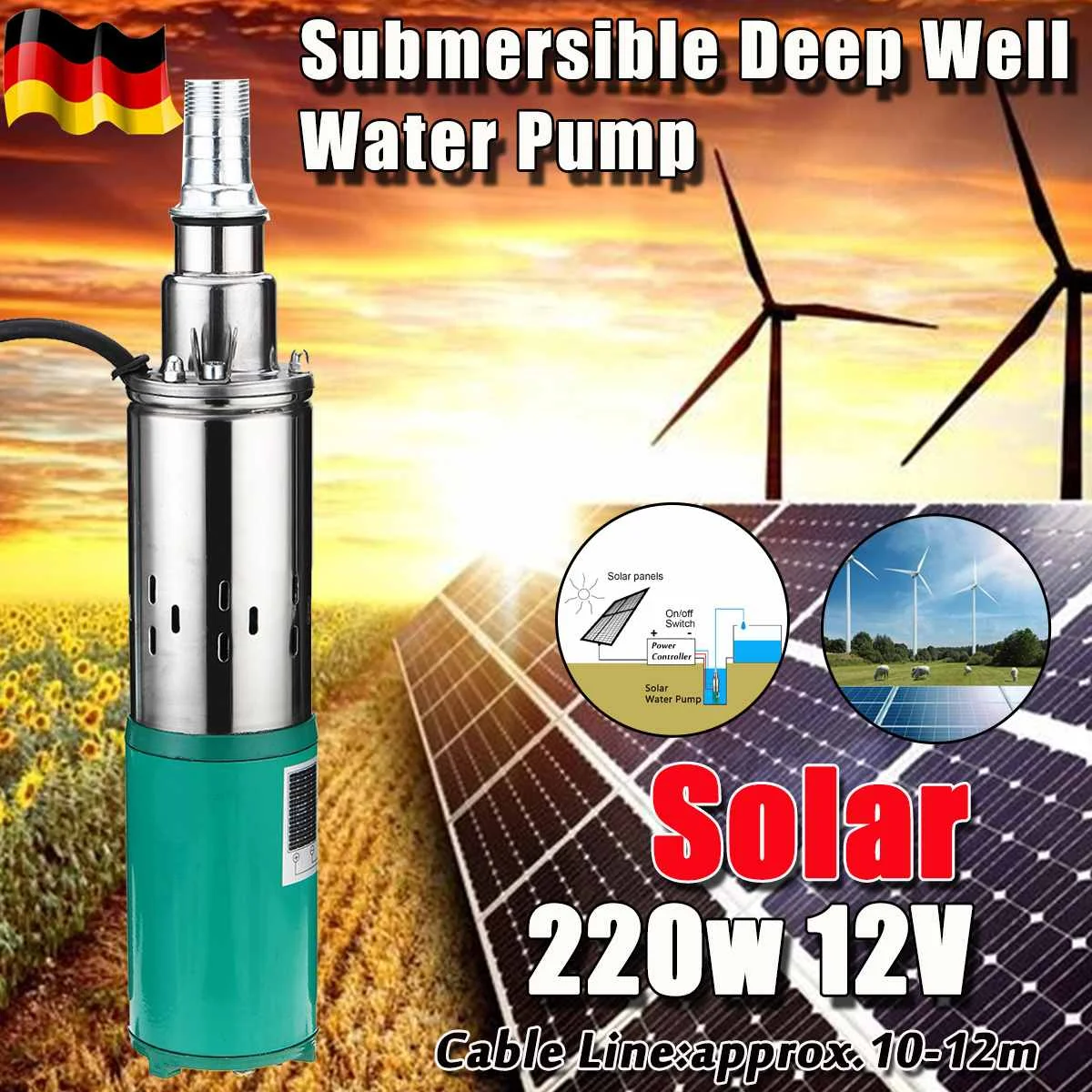

220W 12V 30m High Lift Solar Water Pump High Pressure Deep Well Pump Submersible DC Pump for Agricultural Irrigation Garden Home