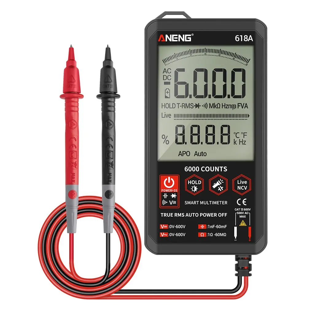 

Digital Multimeter ANENG 618A Smart Touch Screen DC Analog Bar Tester 6000 Counts Transistor Capacitor NCV Testers Meter