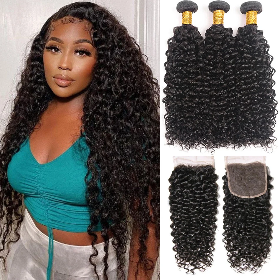 

12A Kinky Curly Bundles With Closure 3 Bundles Curly Human Hair With Transparent Lace Closure Meche Bresilienne Cheveux Humain