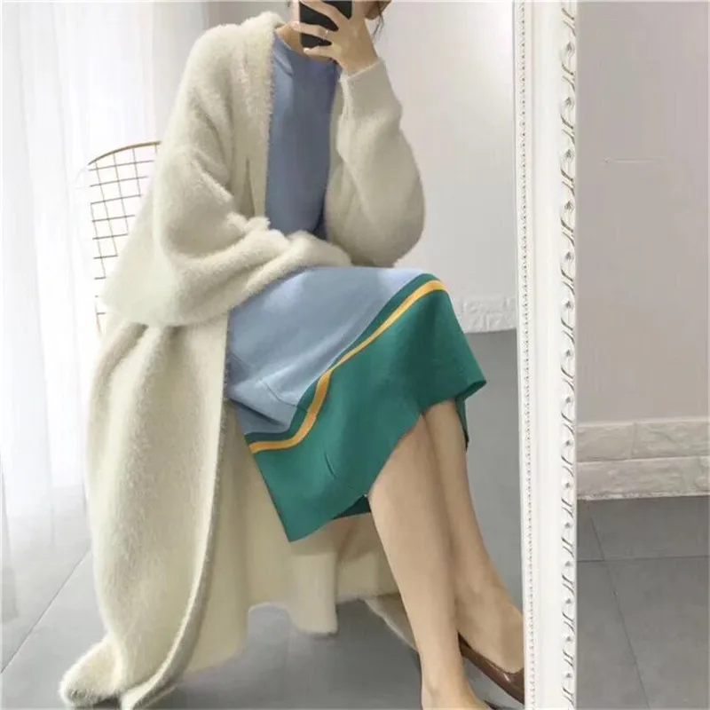 

Synthetic Mink Cashmere Sweater Cardigan Women Korean Winter Coat Batwing Sleeve Knitted Long Cardigan Thick Plus Size Sweaters
