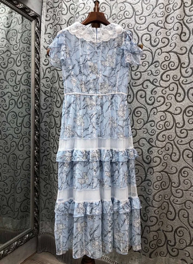 

2020 Summer New Fashion Runway Dress Women Vintage Floral Print White Lace Patchwork Short Sleeve Mid-Calf Blue Apricot Dress