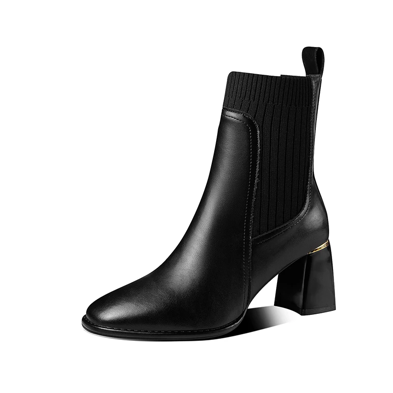 

New Women Boots Comfortable Korean Style Modren Boots Slip on Square Toe High Heels Sewing Pu Synthetic Leather Casual Shoes