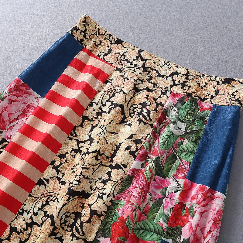

European and American women's clothing new 2021 spring Fashion skirt with patchwork striped flowers retro print