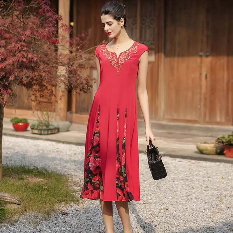 VOA 2018 Spring Summer New Vintage Chinese Style Embroidery Print Slim Dress Red Heavy Silk Plus Size Women Midi A7578 | Женская одежда