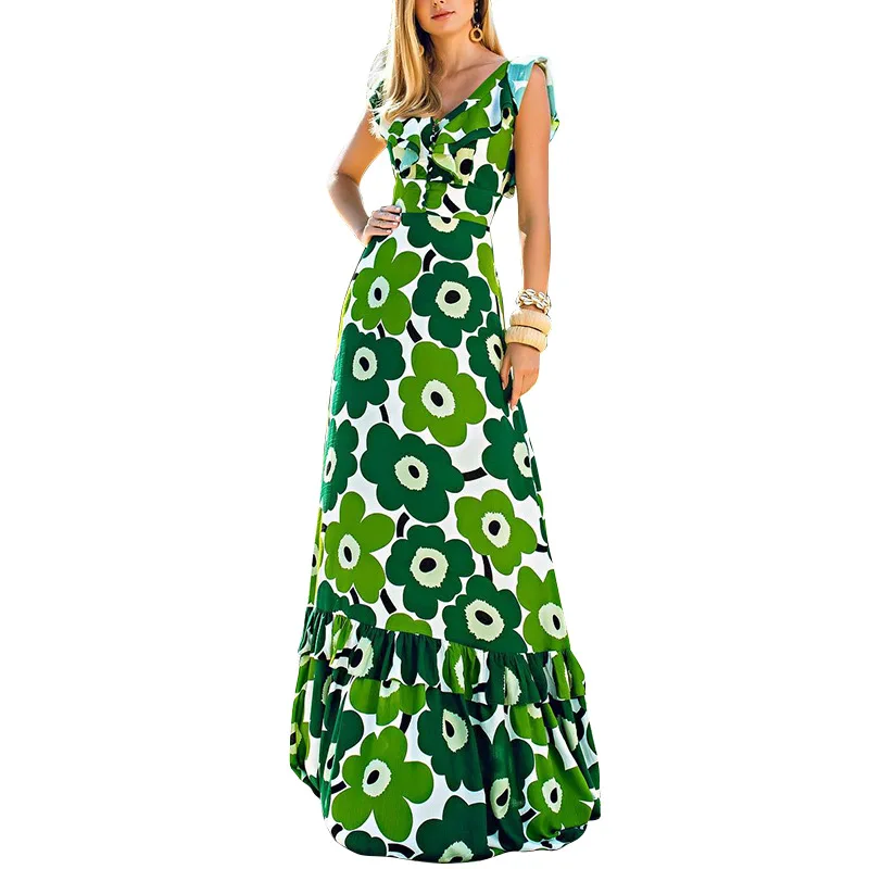 

ZOGAA 2020 Spring and Summer Women Long Dress Female Sexy V-Neck Waist Floral Print Big Swing Skirt Vestidos