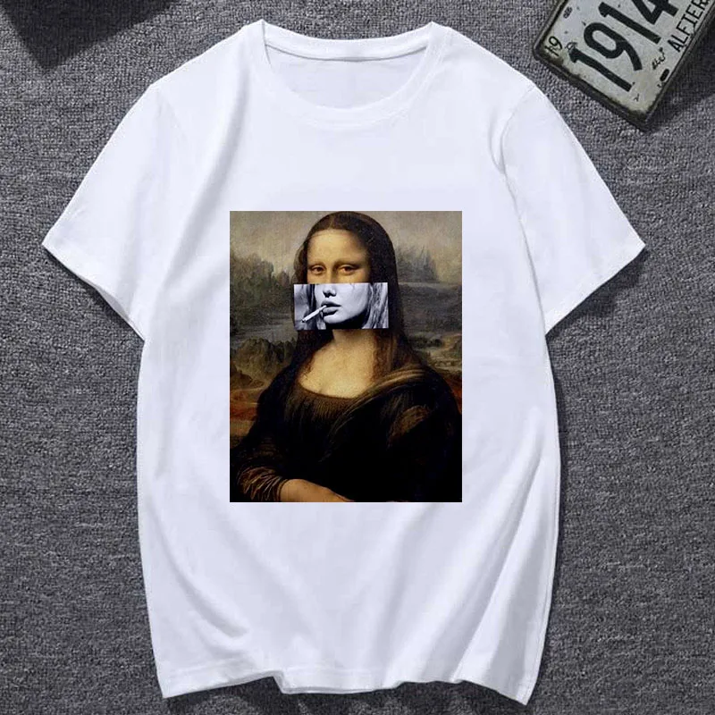 

New Summer Mona Lisa Tshirt spoof personality fashion T Shirt Women Ullzang Vintage Graphic Cartoon 90s White Tops Female