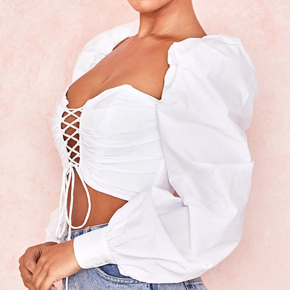 Jocoo Jolee Women Autumn Sexy Cross Criss Lace UP White Cropped Tops Puff Sleeve Hollow Out Blouse Elegant Backless Shirts 2019 Женская