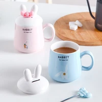 kawaii 3d rabbit ceramic coffee mug with lid bow spoon cartoon porcelain drinking cup coffee milk tea cup