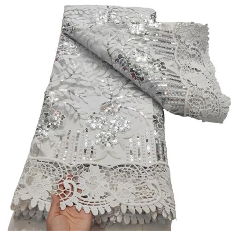

White African Lace Fabric With Sequins Water soluble High Quality Lace Nigerian Embroidery Lace Fabrics For Wedding Sewing Red