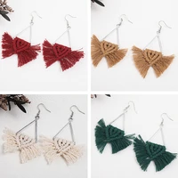 handmade diy bowknot cotton macrame tassel dangle drop earrings for women trendy metal triangle simple daily jewelry gift custom