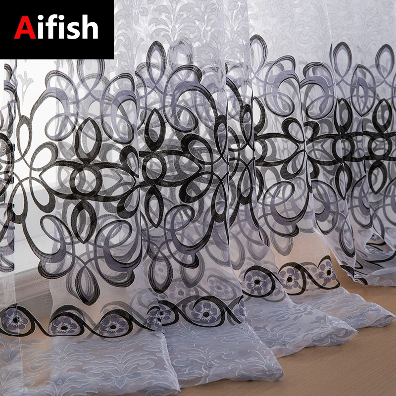 

French Country Jacquard Gray Floral Window Screen Curtains For Bedroom Decoration Brown Drape Kitchen Tulle Rideaux Fabric 5