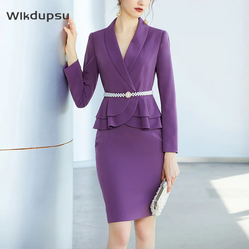 

Женский офисный костюм с юбкой, элегантный комплект из двух предметов, блейзер с длинным рукавом и поясом, офисная одежда, весна-осень 2021