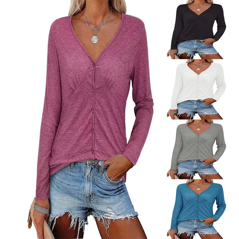 

2021 Autumn And Winter New Women's Tops Solid Color Single-breasted Cardigan Stitching Pleated Long-sleeved Casual Slim T-shirts