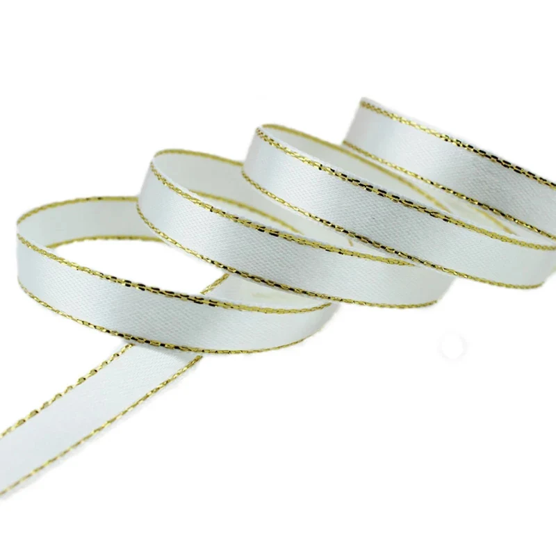 (25 yards/lot) 10mm satin ribbon white gold edge wholesale high quality gift packaging ribbons
