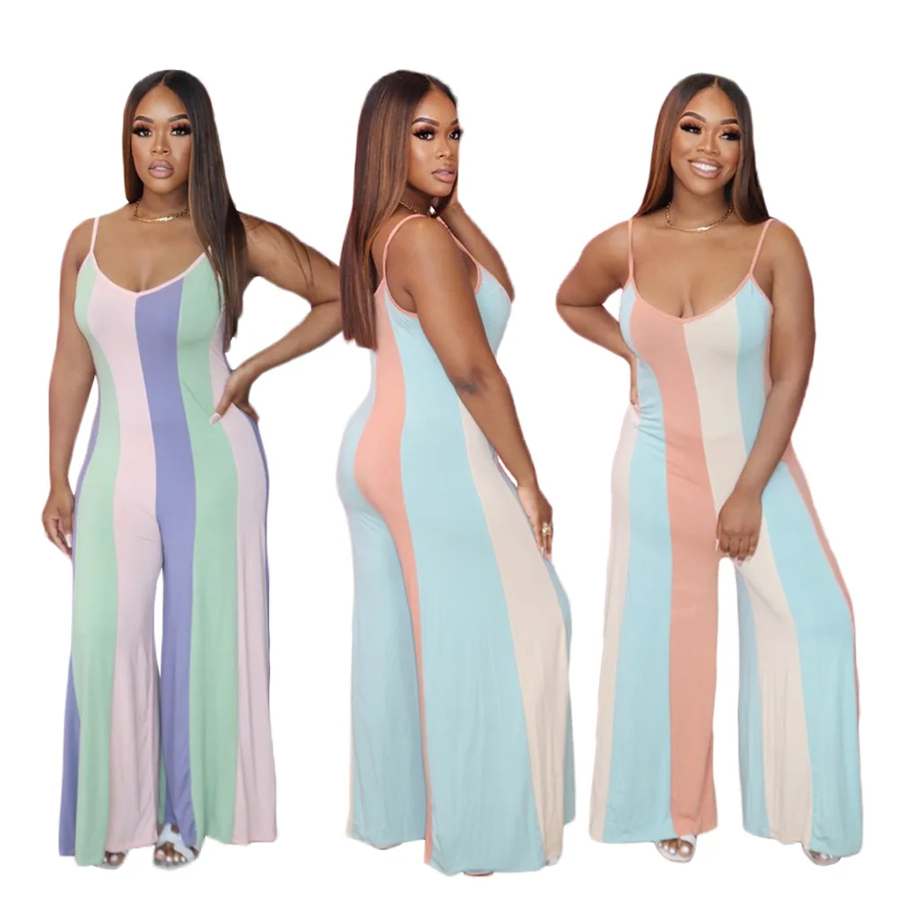 

Сексуальный длинный комбинезон без рукавов радужной расцветки с широкими штанинами Комбинезоны на бретелях-спагетти 2021 Бохо комбинезон дл...