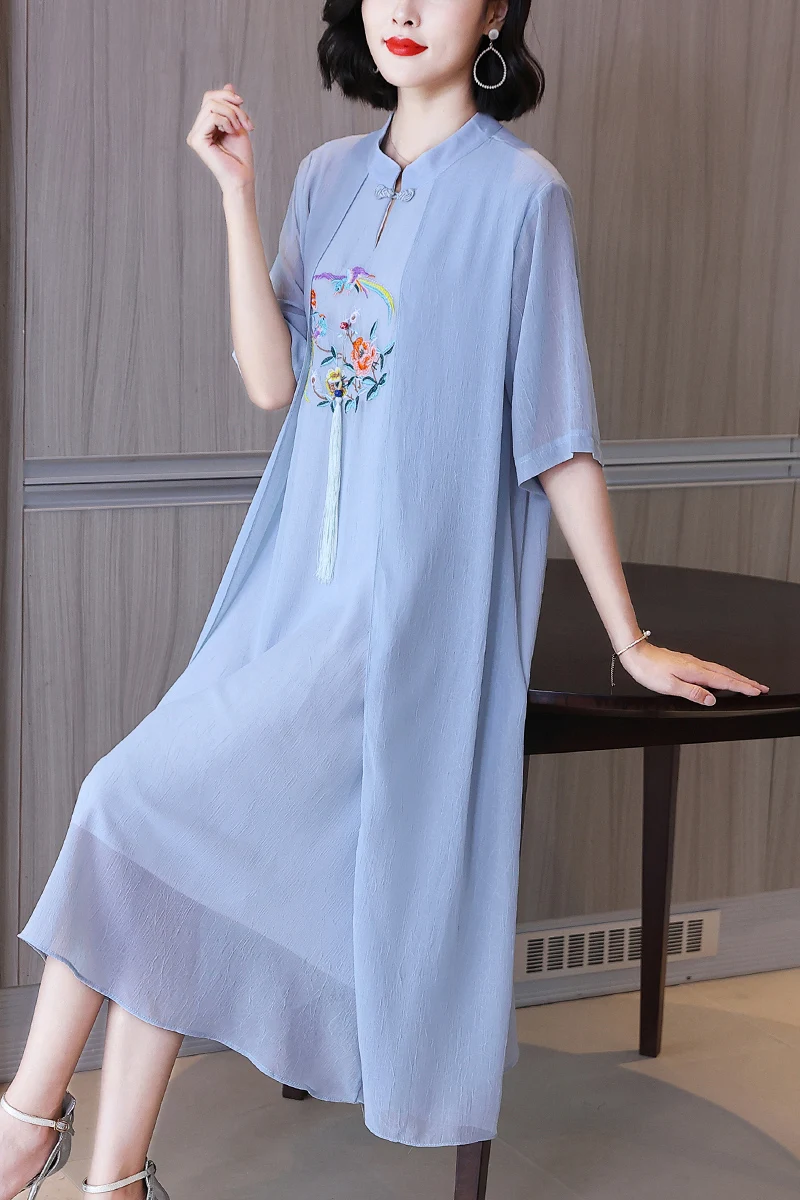 

Plus Size Dresses Chinese Style Women Summer Vintage Embroidery Stand Collar Elegant A Line Improved Cheongsam