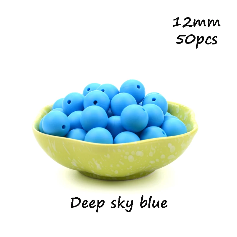 Deep sky blue LOFCA, 12 мм, 50 шт./лот, бусины из пищевого силикона, Прорезыватель для зубов, круглые бусины, Детская жевательная для прорезывания зубов, Силиконовые Прорезыватели для самостоятельного изготовления - Цвет: Deep sky blue