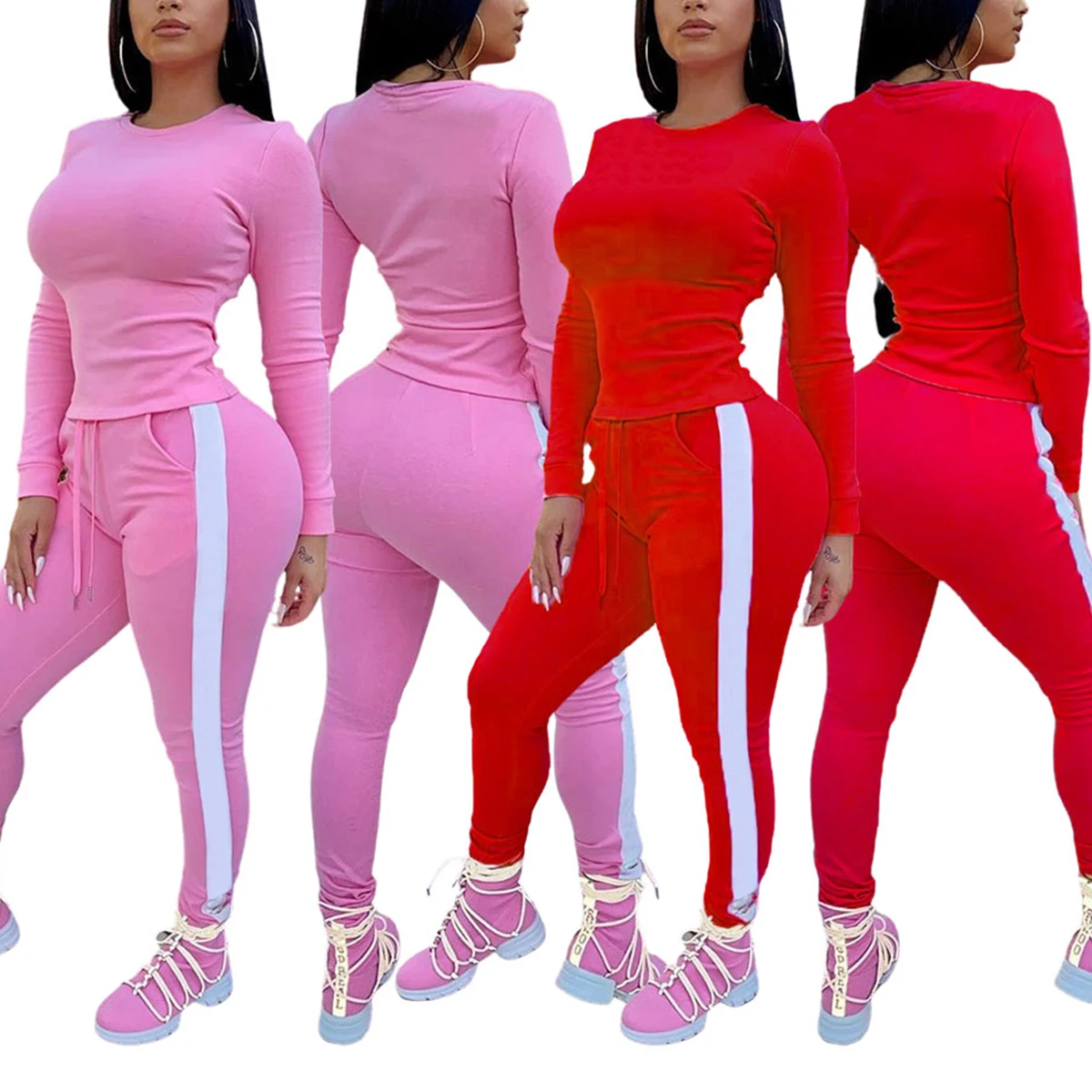 

Women 2 Pcs Tracksuit Sets Solid Color Round Neck Long Sleeve Top + High Waist Stripe Trim Long Pant