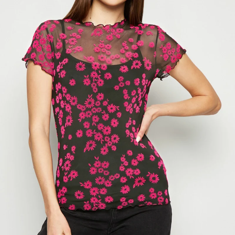 Сетчатая футболка с маленькой маргариткой лето 2020 женские сексуальные