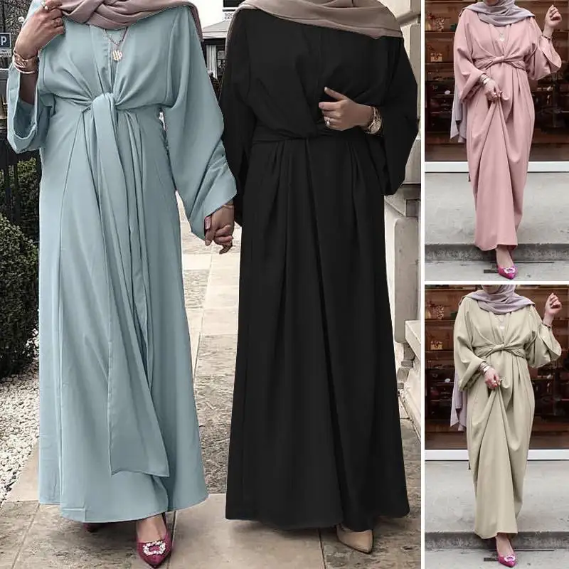 Новинка 2021, мусульманские платья с узлом, Свободные повседневные однотонные модные платья в пол для выпускного вечера